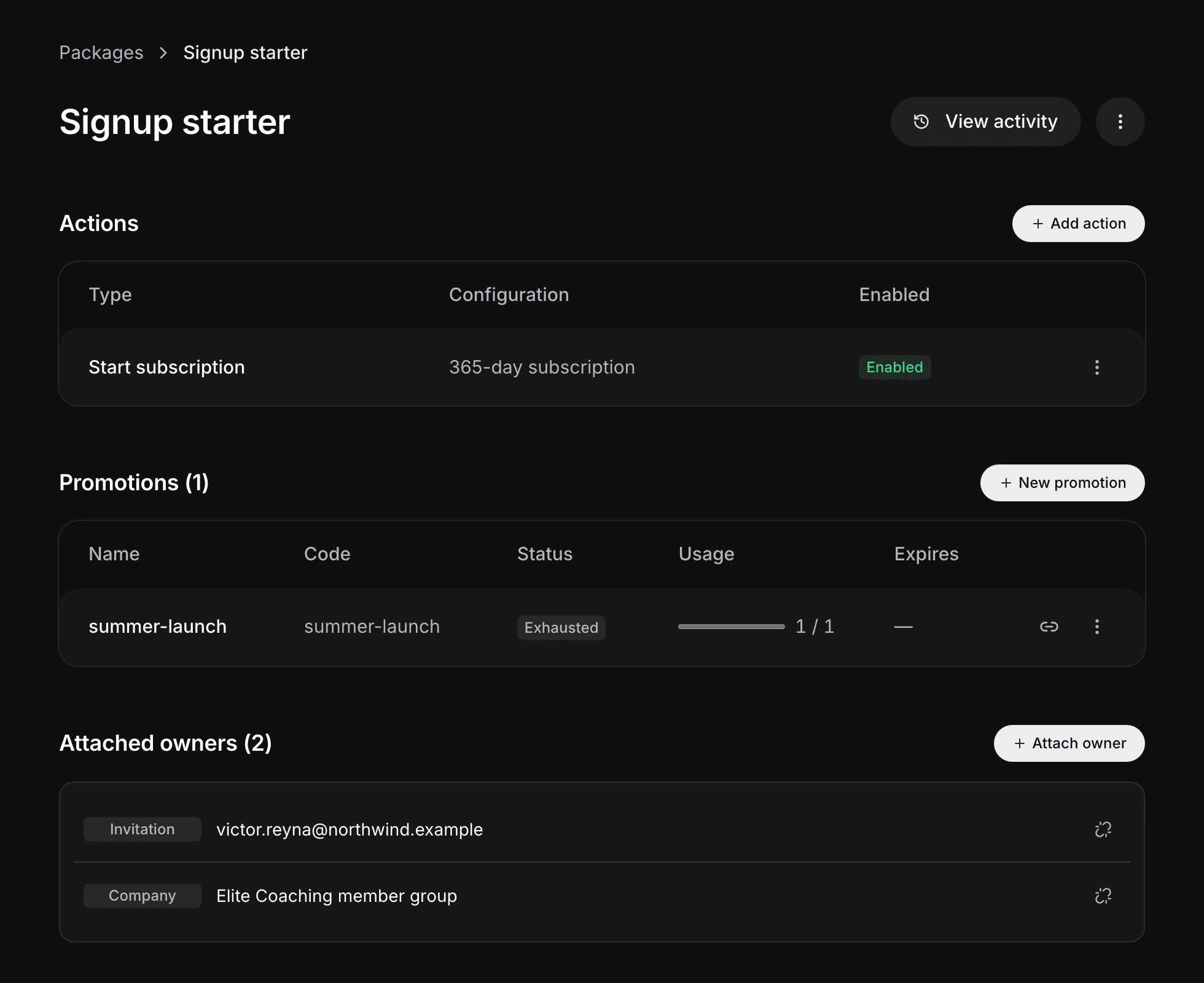 A package's detail page, with its actions and attached owners