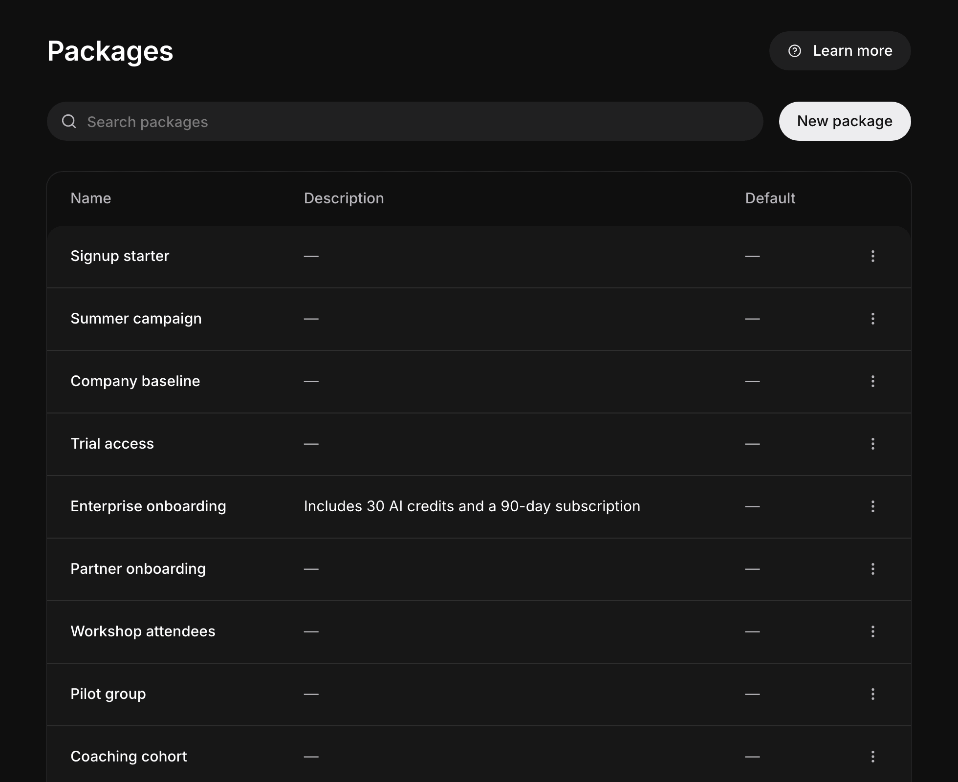 The Packages page