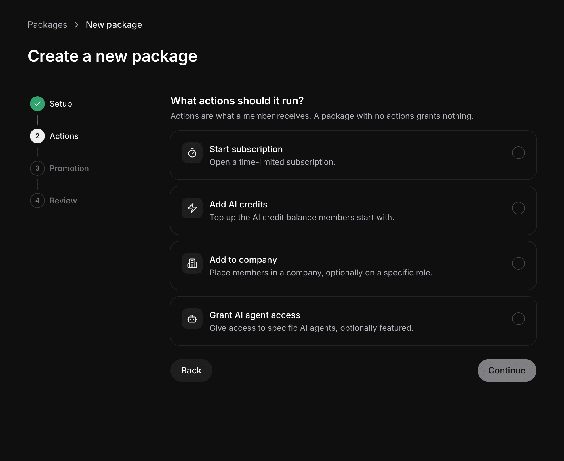 The Actions step of the new package wizard