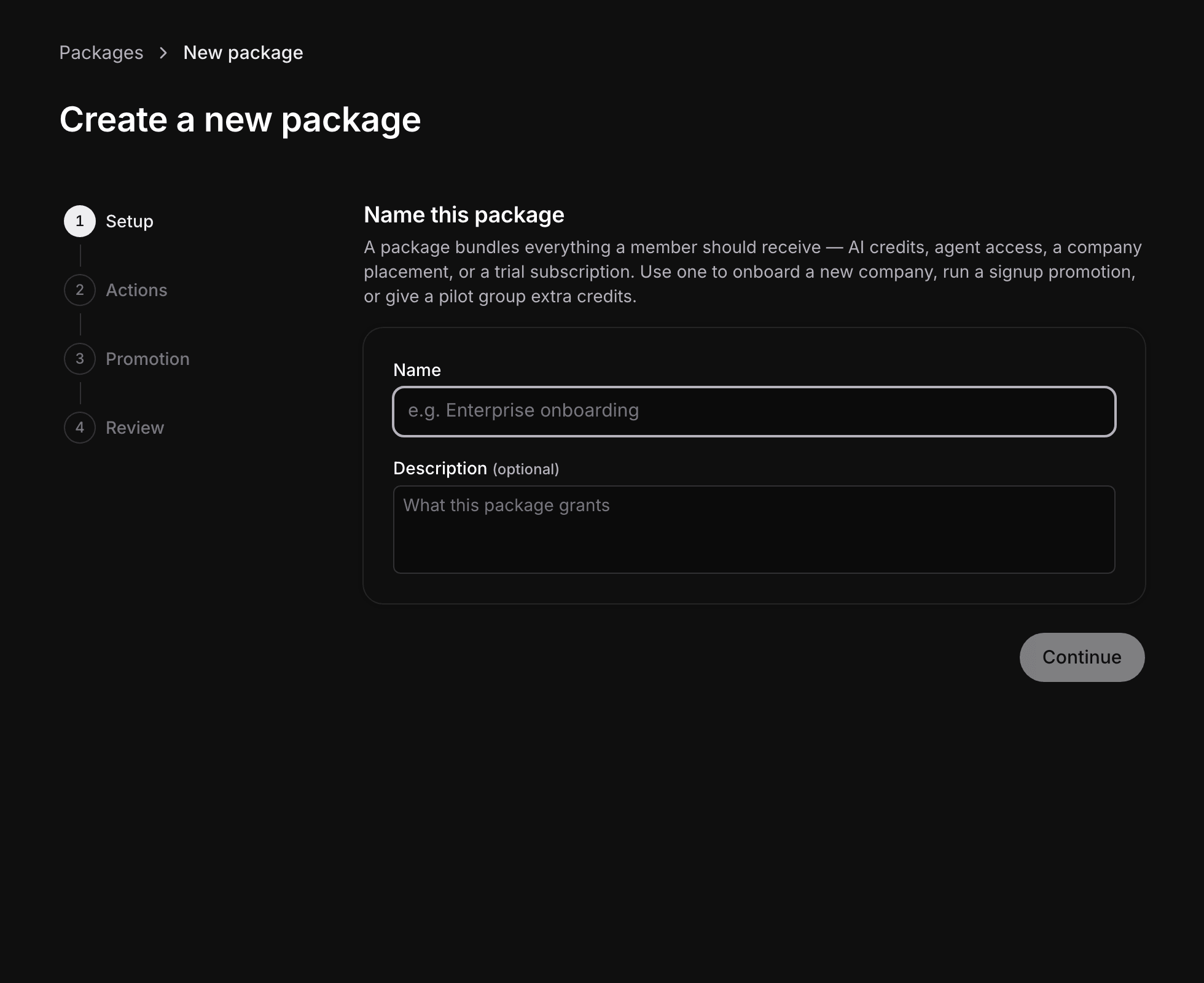 The Setup step of the new package wizard