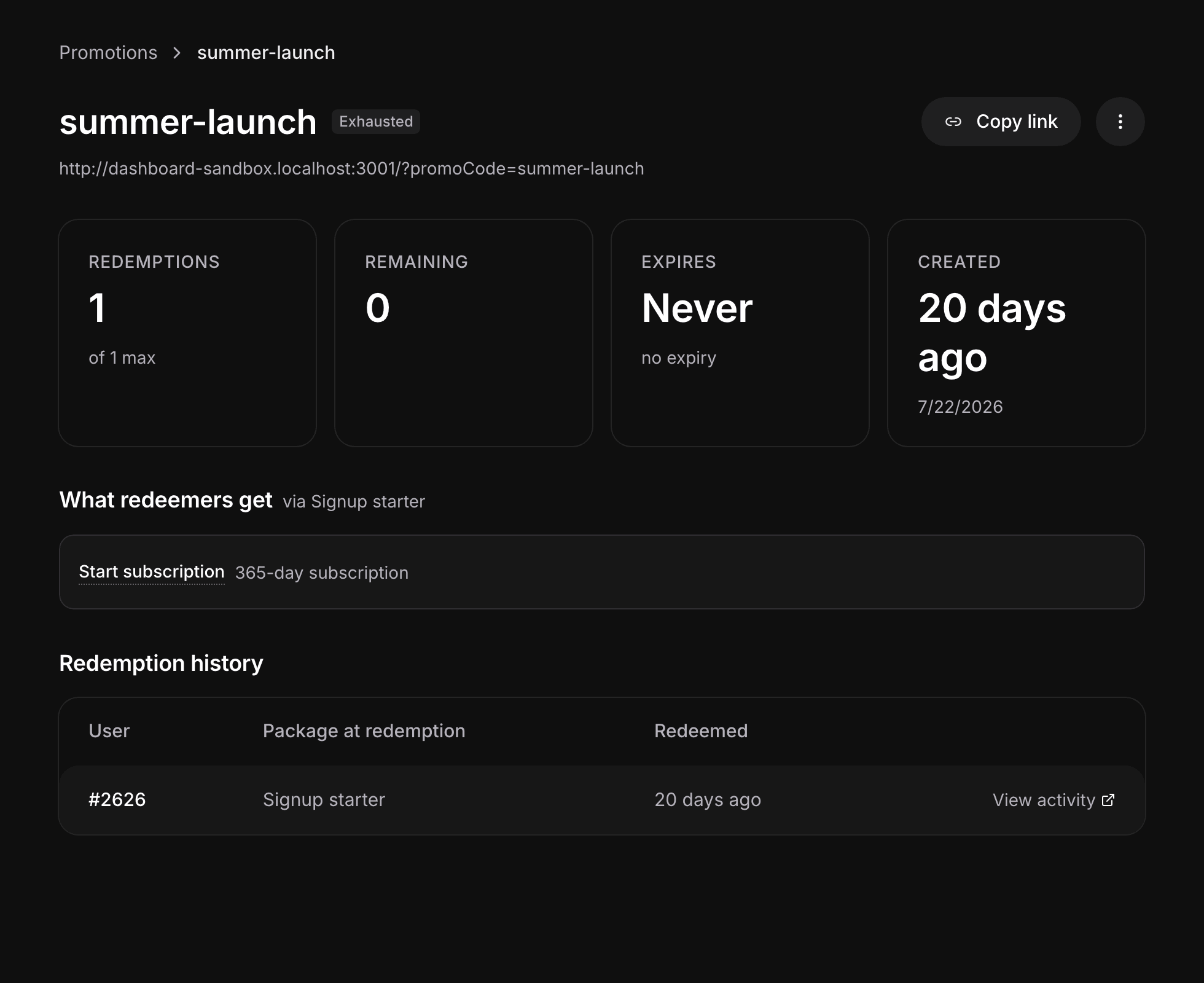 A promotion's detail page, with its redemption history