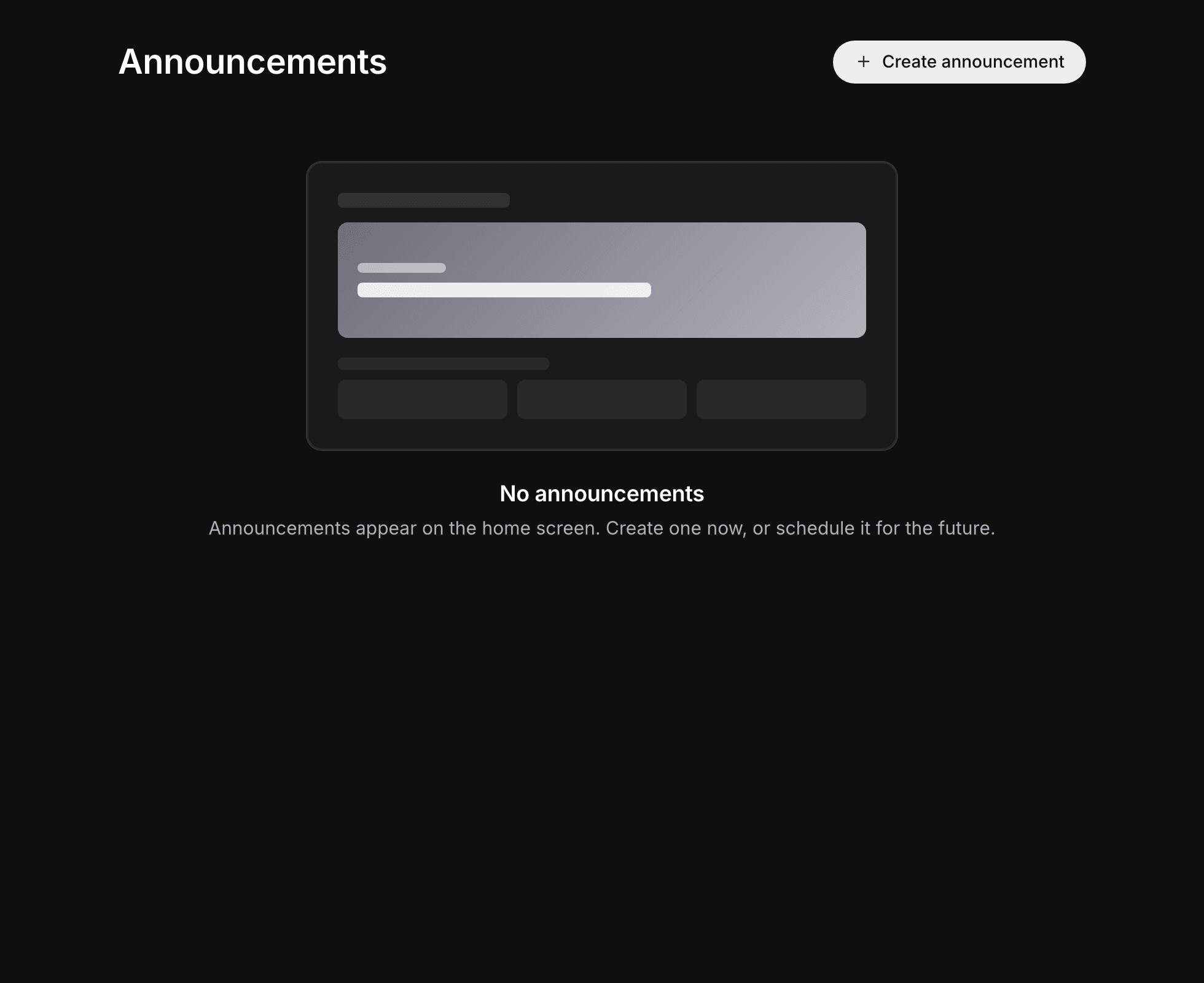 The Announcements page with no announcements yet