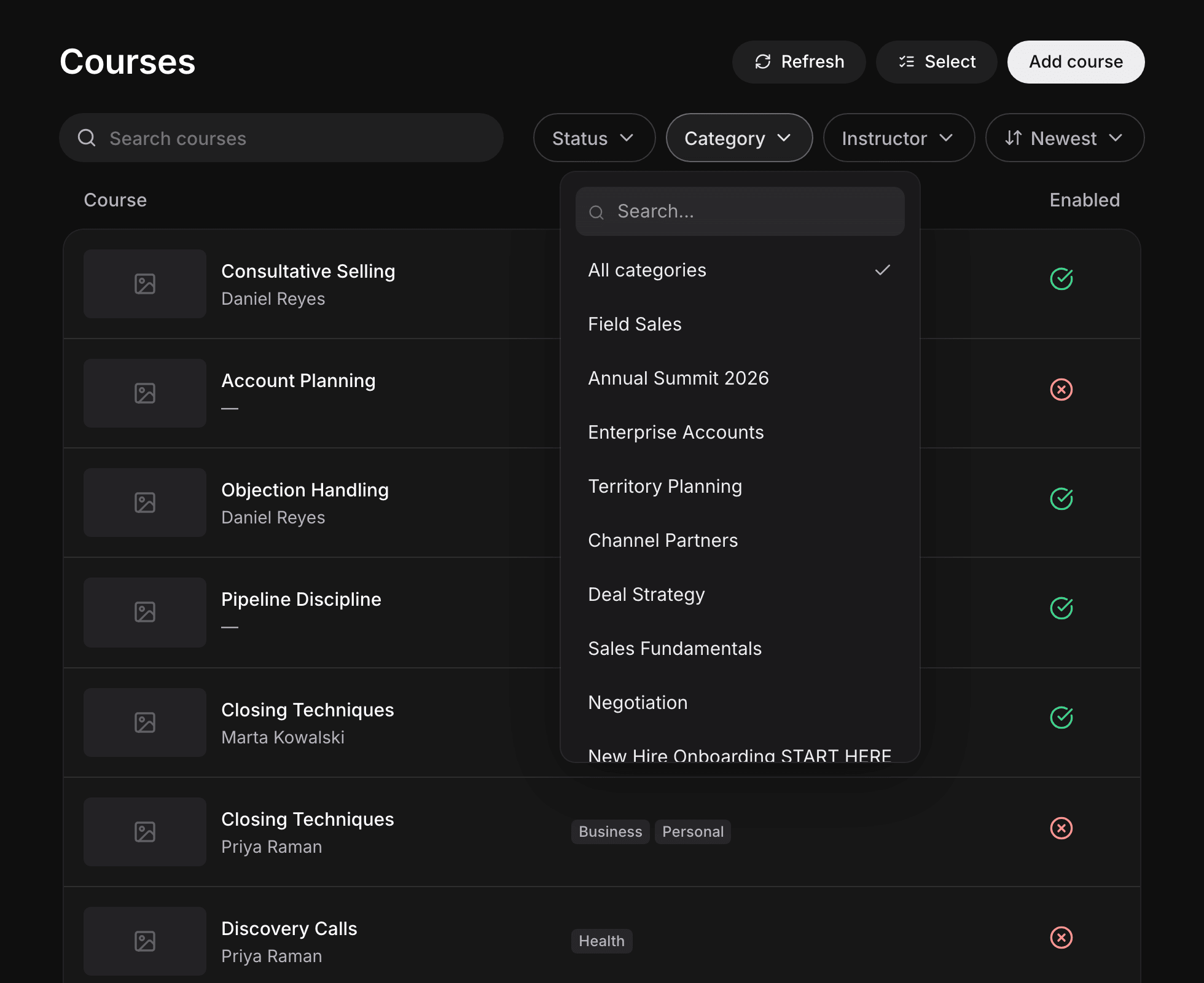 Filtering courses by category