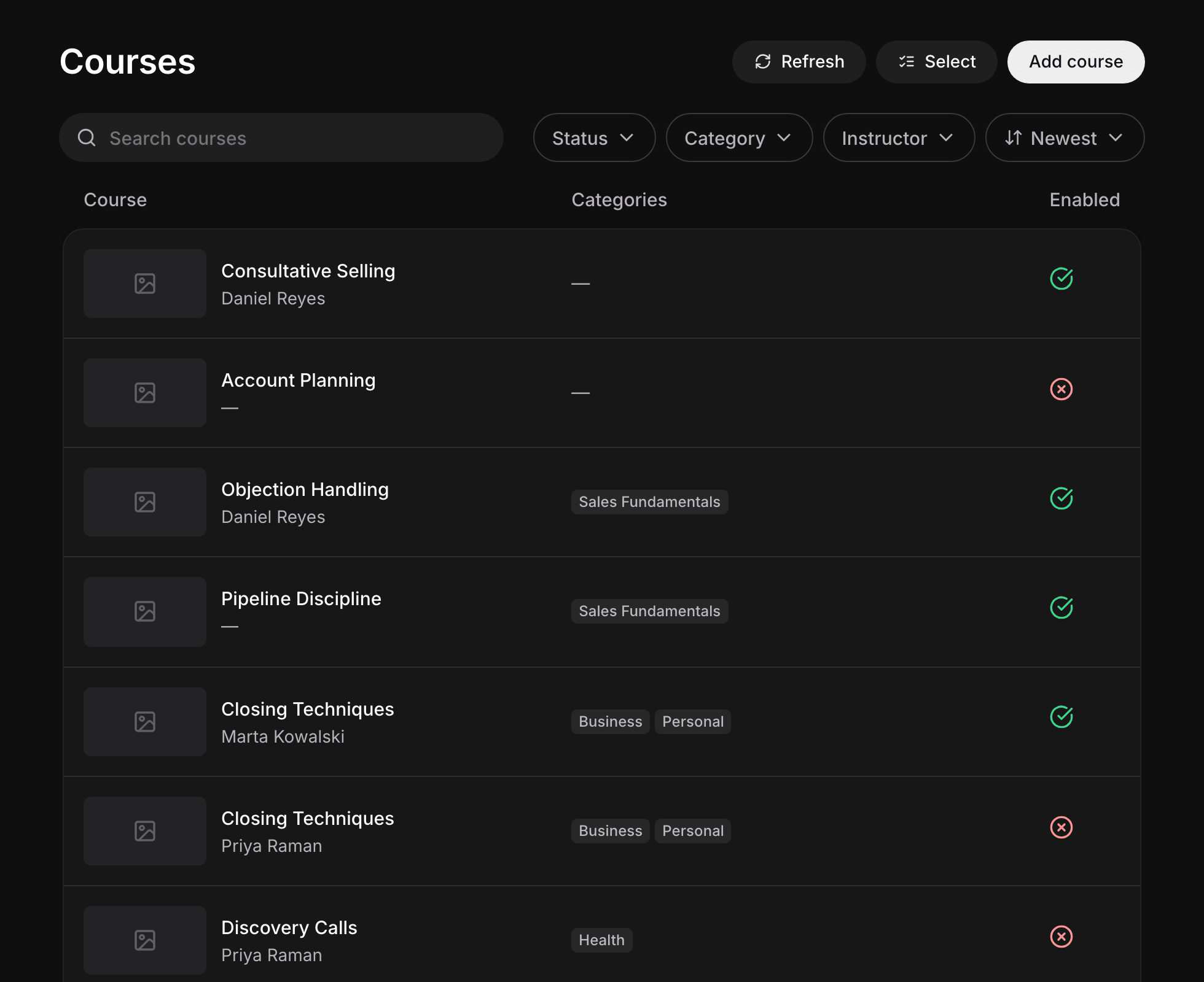 The Courses page