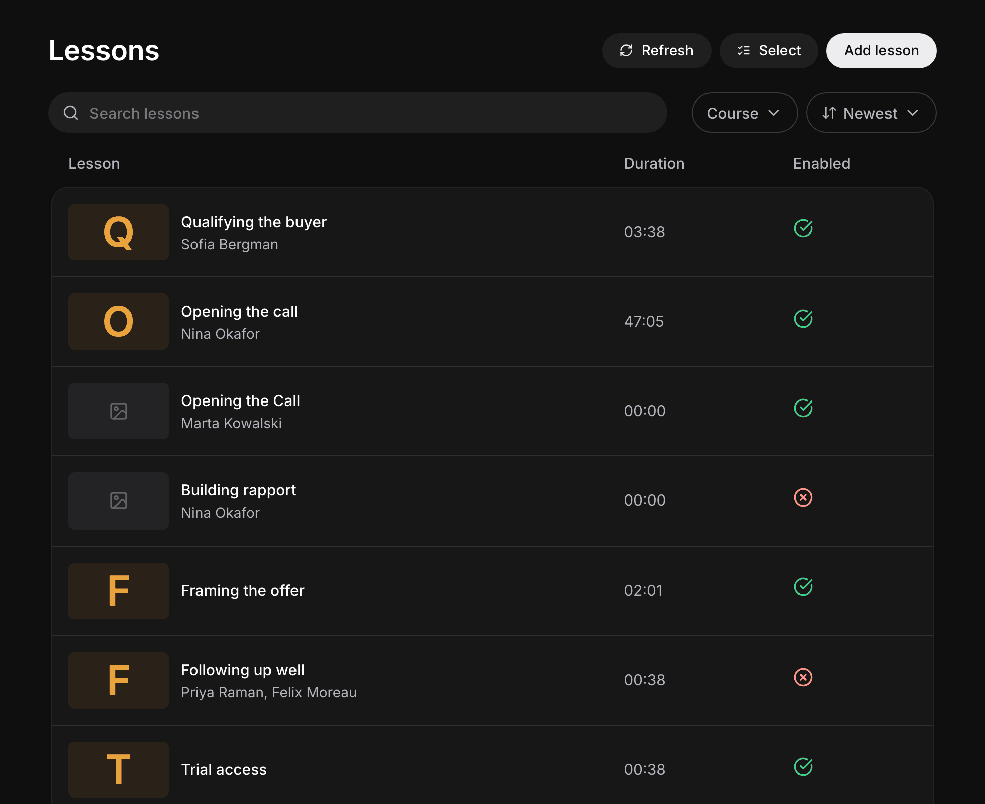 The Lessons page